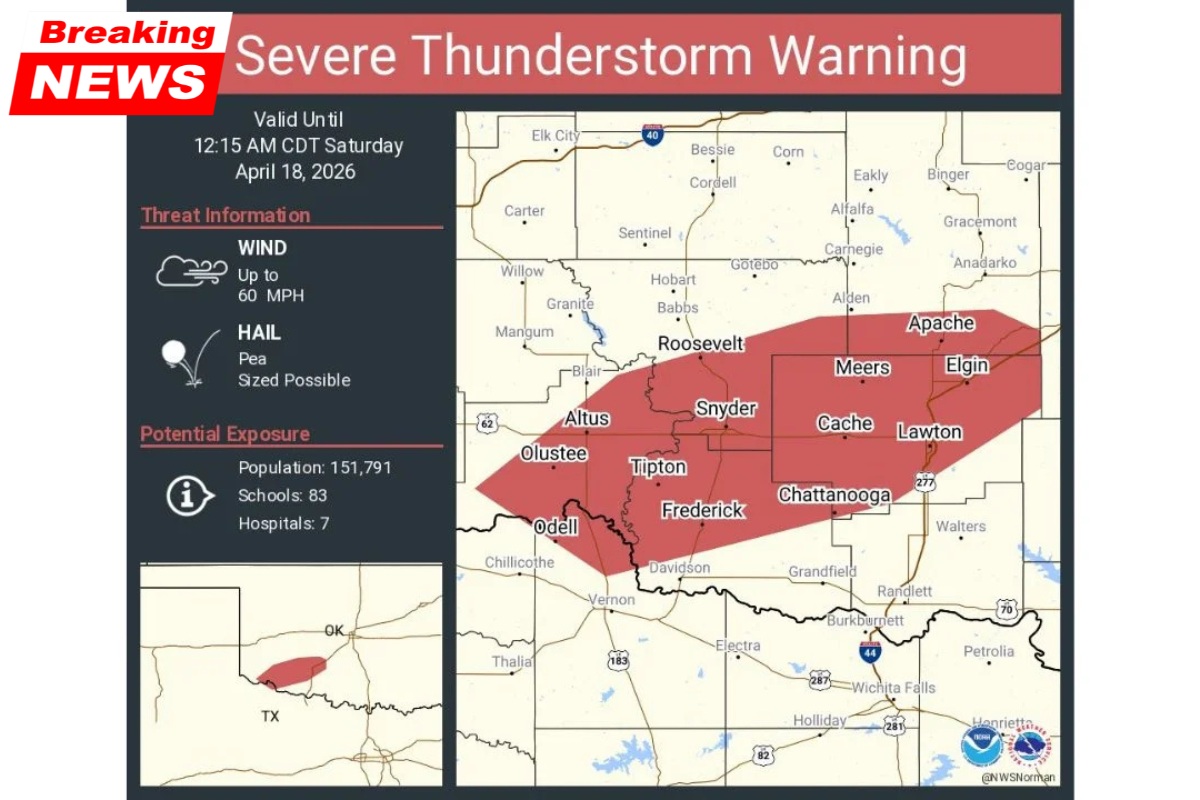 Oklahoma Extreme Thunderstorm Warning Now for Lawton, the Altus, and Frederick Until 12:15 AM as 60 miles per hour winds and hail hit 151,000 citizens