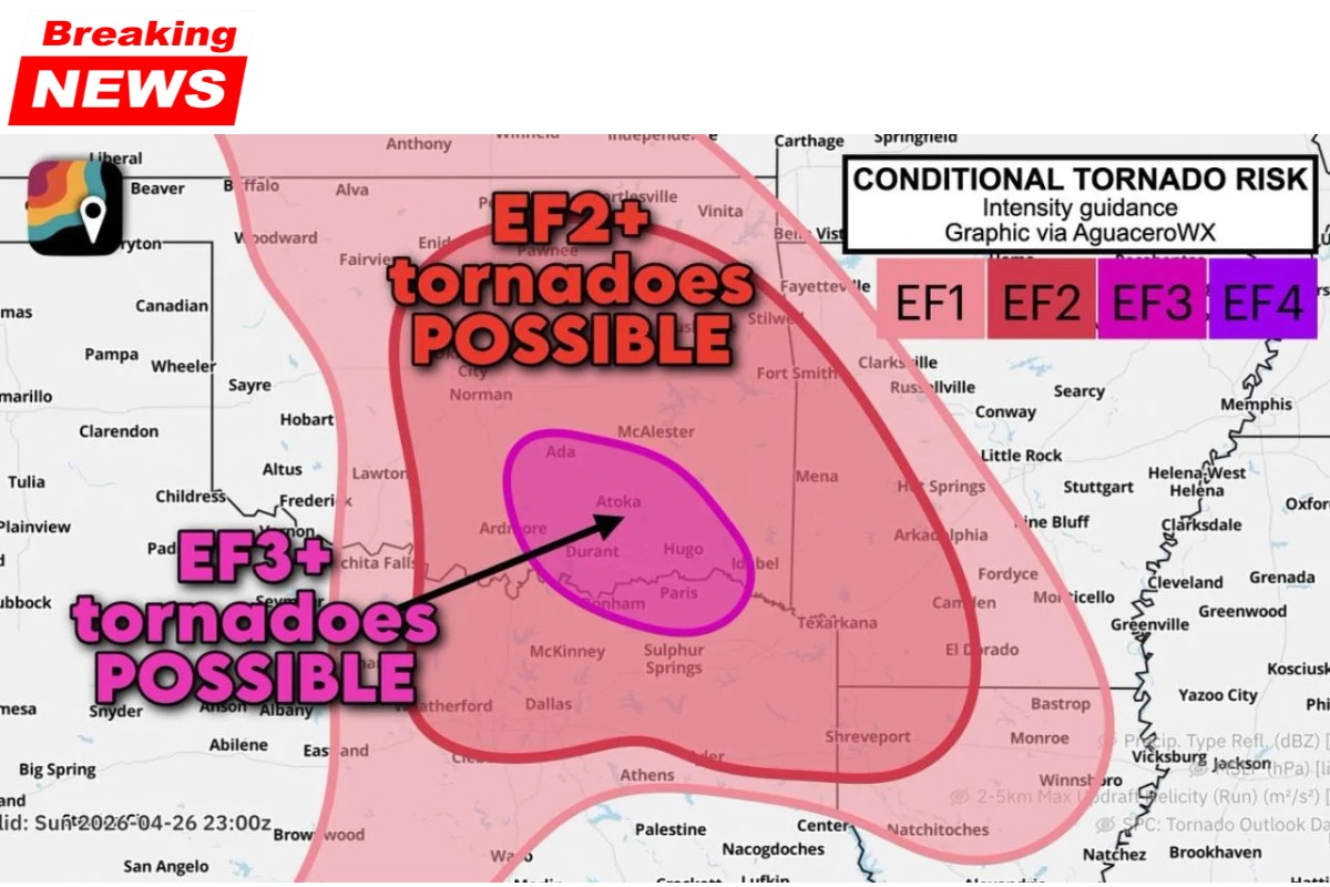 Supercells fire at 4 p.m. across South Central Oklahoma, posing an EF3 tornado risk in Ada, Atoka, and Durant