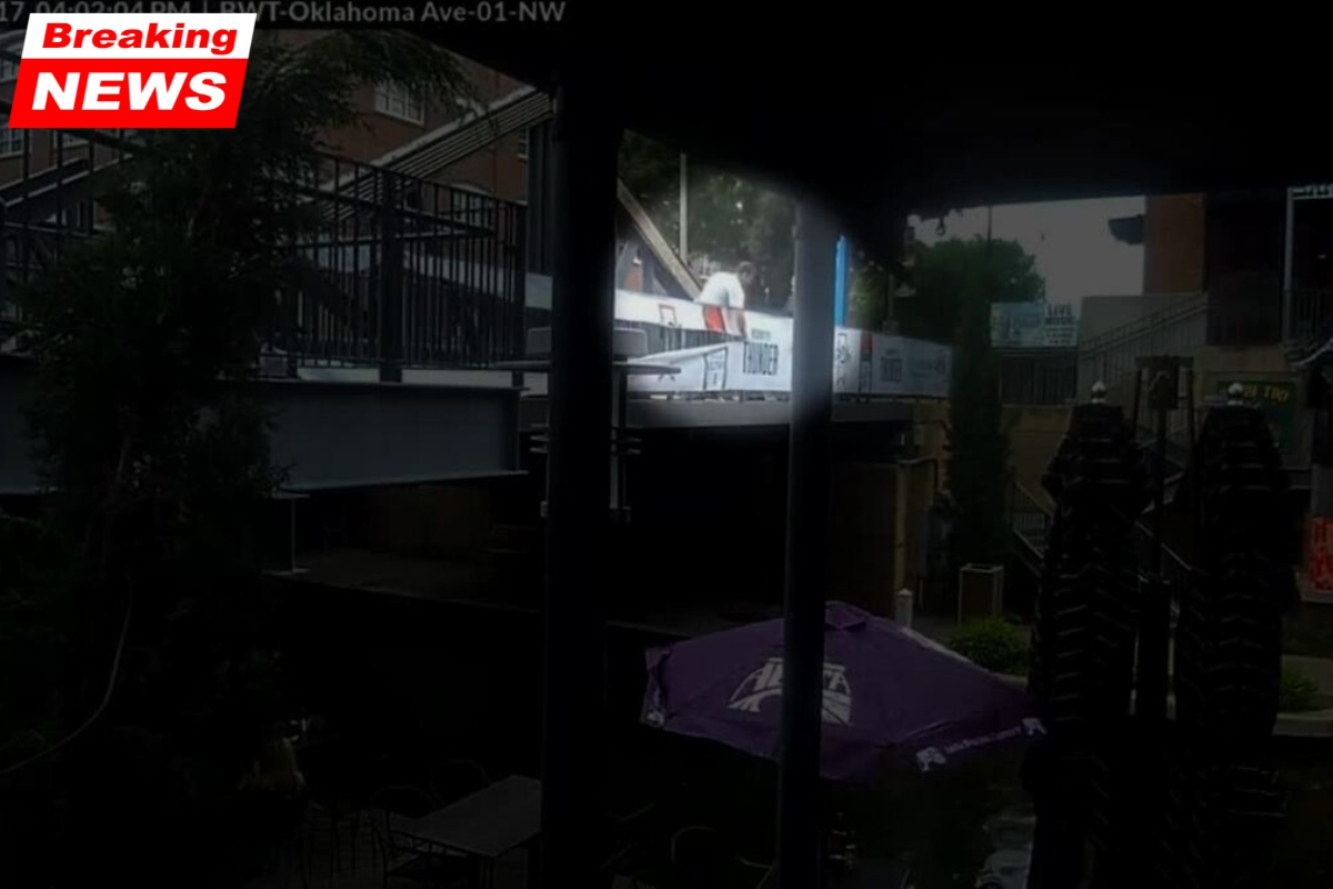 Surveillance footage from Bricktown shows men tearing down Thunder playoff banners