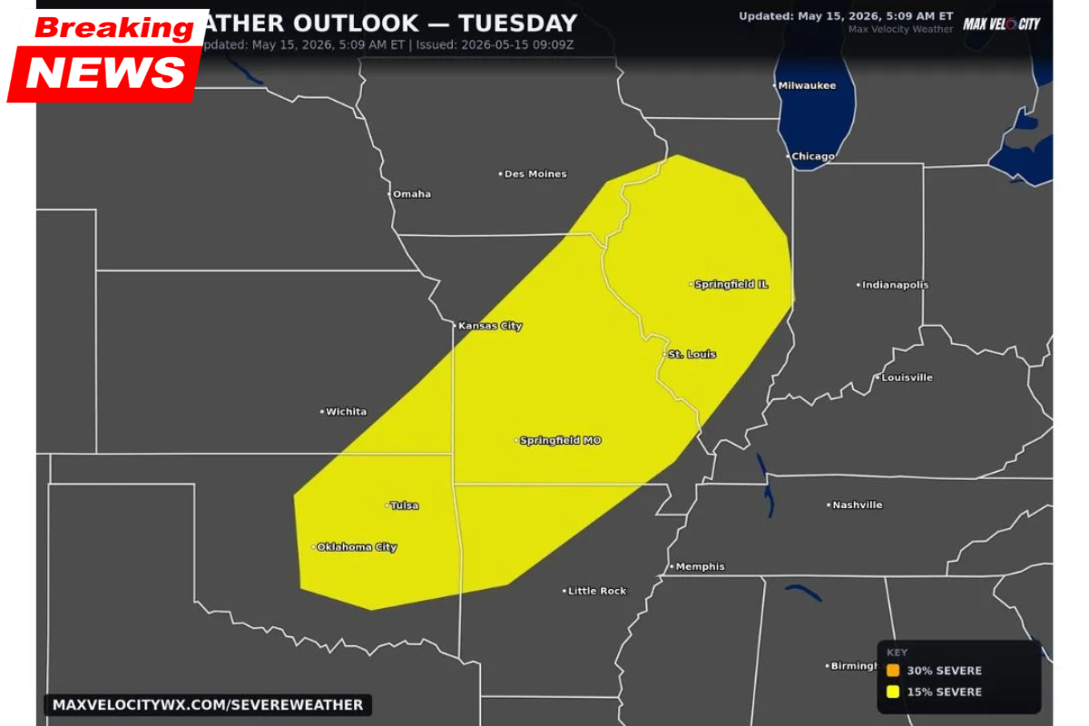 As a five-day severe weather stretch continues on Tuesday, May 19, Missouri, Kansas, Oklahoma, and Illinois face damaging winds, large hail, and tornadoes near Kansas City, St. Louis, Tulsa, and Oklahoma City