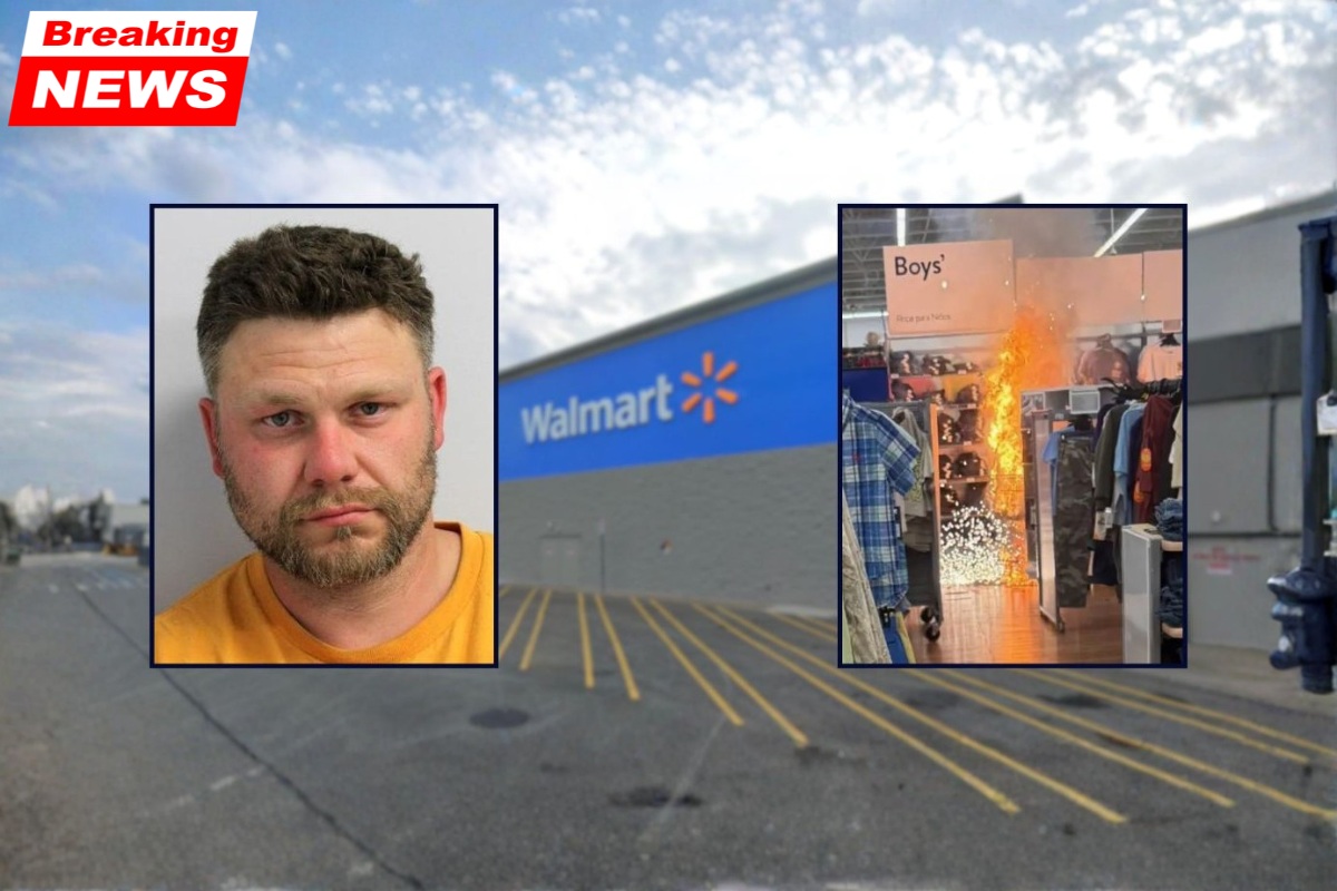 Authorities say a masked man set fire to Walmart's children's clothing section with camping fuel and fireworks to distract from a massive jewellery heist