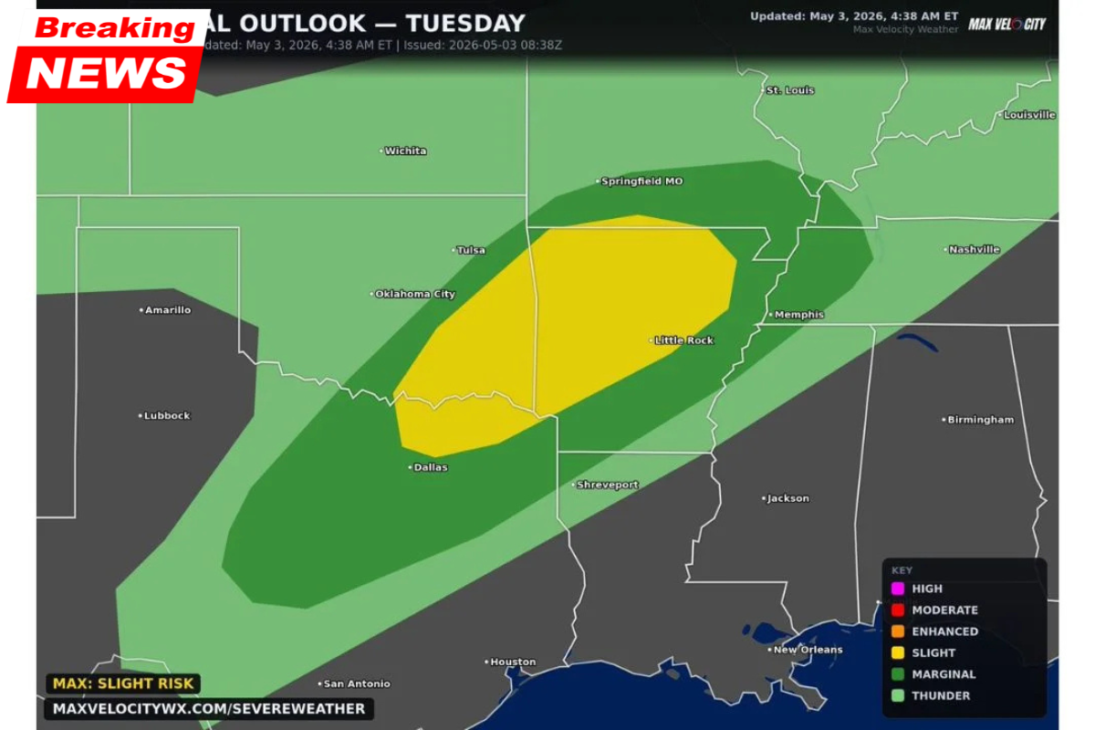 Texas, Oklahoma, Arkansas, and Tennessee are experiencing supercells with large hail, damaging winds, and tornadoes. Possibly Tuesday afternoons and evenings from Dallas to Memphis